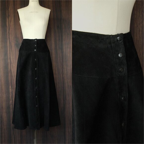 Vintage 1980s Suede Skirt, Pia Rucci Black A Line Circle Skirt, Snaps Up